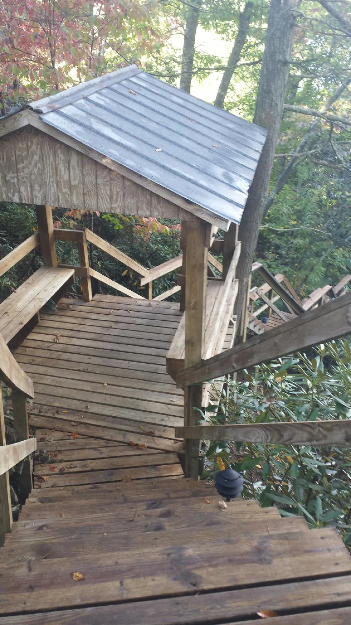 Metal roofed shelter over wooden steps on a wooded walkway — Skylight Repair & Installation work by our crew in Sauk Centre